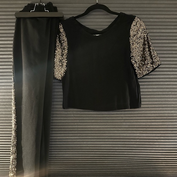 Finders Keepers Tuxedo Stripe Gold Sequin High-Waisted Track-Style Pants - Picture 1 of 4